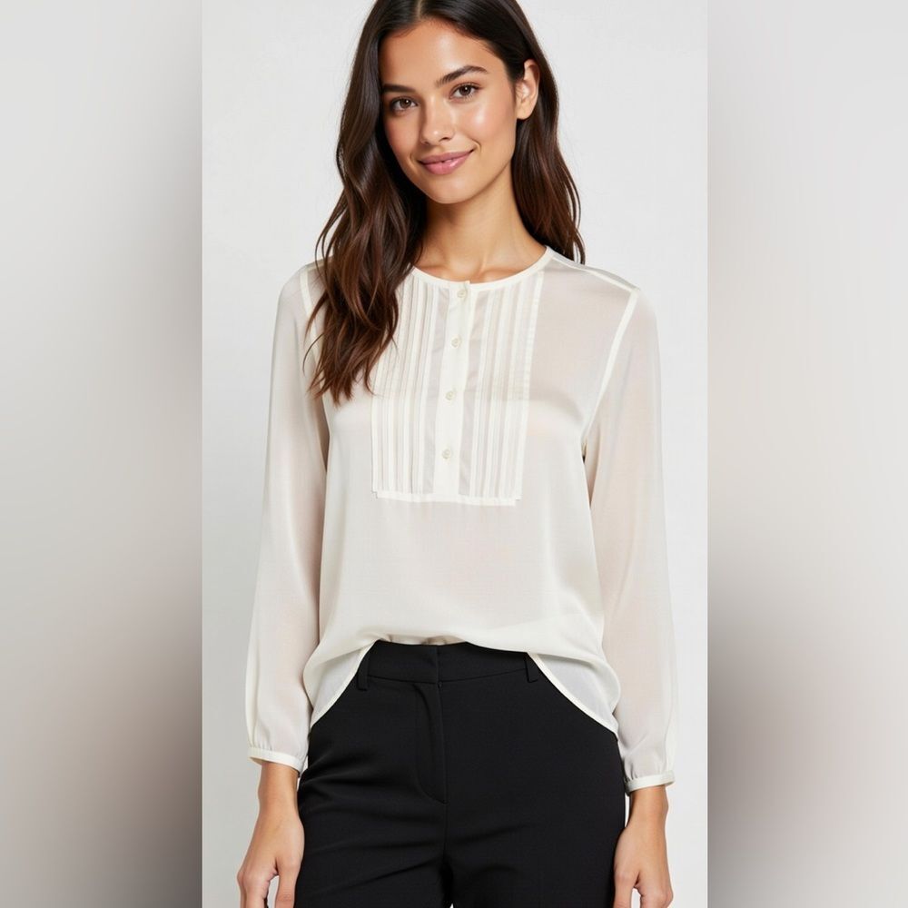 J.Crew Silk Blouse Long Sleeve Tuxedo Pleated Front 1/2 Button Sz S Ivory  NWOT
